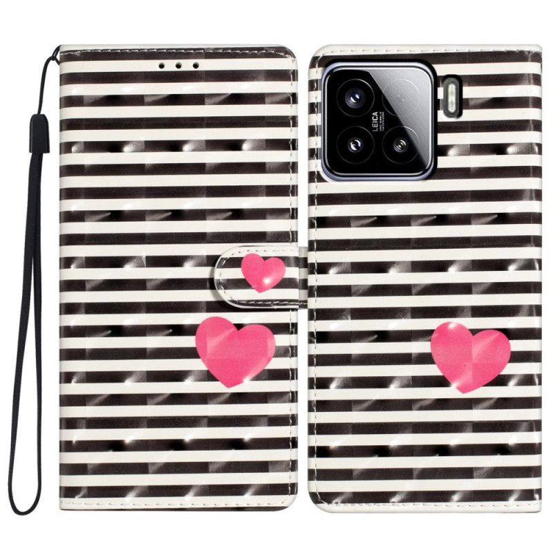 Δερματινη Θηκη Xiaomi 15 Τρισδιάστατες Ρίγες Και Καρδιές