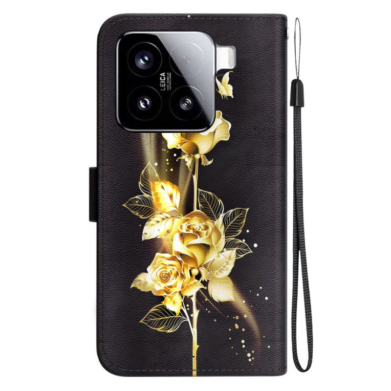 Δερματινη Θηκη Xiaomi 15 Χρυσές Και Ροζ Πεταλούδες