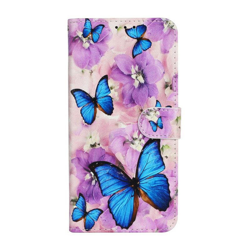 Κάλυμμα iPhone 13 Mini Μπλε Πεταλούδες Σε Λουλούδια