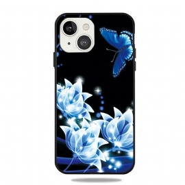 θηκη κινητου iPhone 13 Mini Πεταλούδα Και Μπλε Λουλούδια