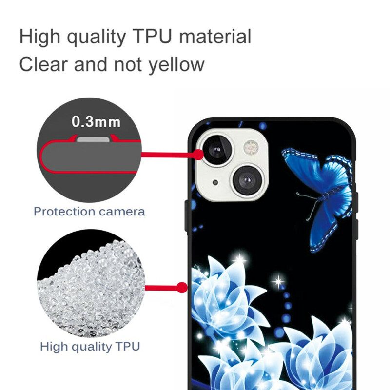 θηκη κινητου iPhone 13 Mini Πεταλούδα Και Μπλε Λουλούδια