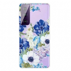Θήκη Samsung Galaxy S21 FE Ακουαρέλα Μπλε Λουλούδια