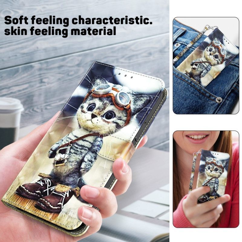 δερματινη θηκη iPhone 15 Pro Max με κορδονι Aviator Cat Με Λουράκι