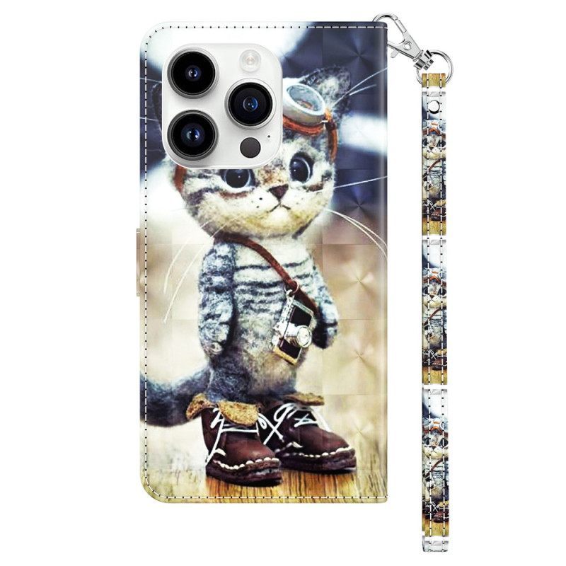 δερματινη θηκη iPhone 15 Pro Max με κορδονι Aviator Cat Με Λουράκι