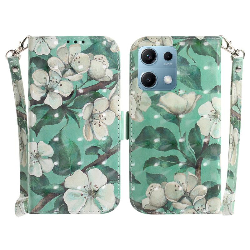 Δερματινη Θηκη Xiaomi Redmi Note 14s Λευκά Λουλούδια Με Κορδόνι