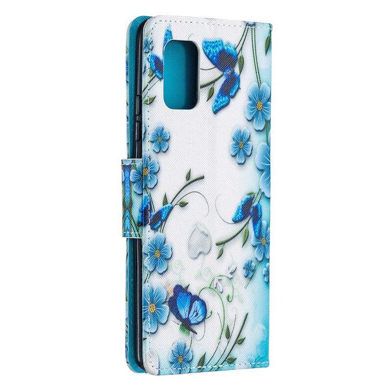 Κάλυμμα Samsung Galaxy A51 5G με κορδονι Πεταλούδες Και Λουλούδια Μπλε Λουράκι