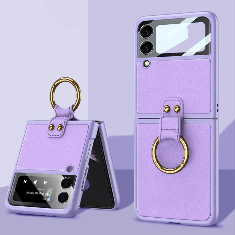 θηκη κινητου Samsung Galaxy Z Flip 3 5G Θήκη Flip Δαχτυλίδι Με Εφέ Δέρματος Από Σκληρυμένο Γυαλί Gkk