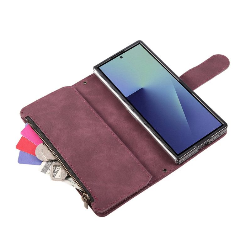 Δερματινη Θηκη Samsung Galaxy Z Fold 7 Πορτοφόλι Με Εφέ Σουέτ Και Ιμάντα Ώμου
