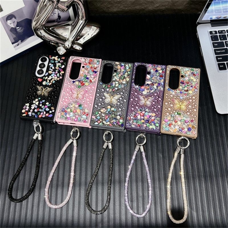 Κάλυμμα Samsung Galaxy Z Fold 7 Πεταλούδα Με Στρας Και Λουράκι Σιλικόνης