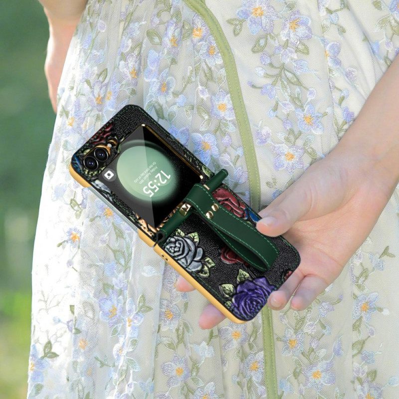 Κάλυμμα Samsung Galaxy Z Flip 7 Fe Λουράκι Χιαστί Με Σχέδιο Λουλουδιών
