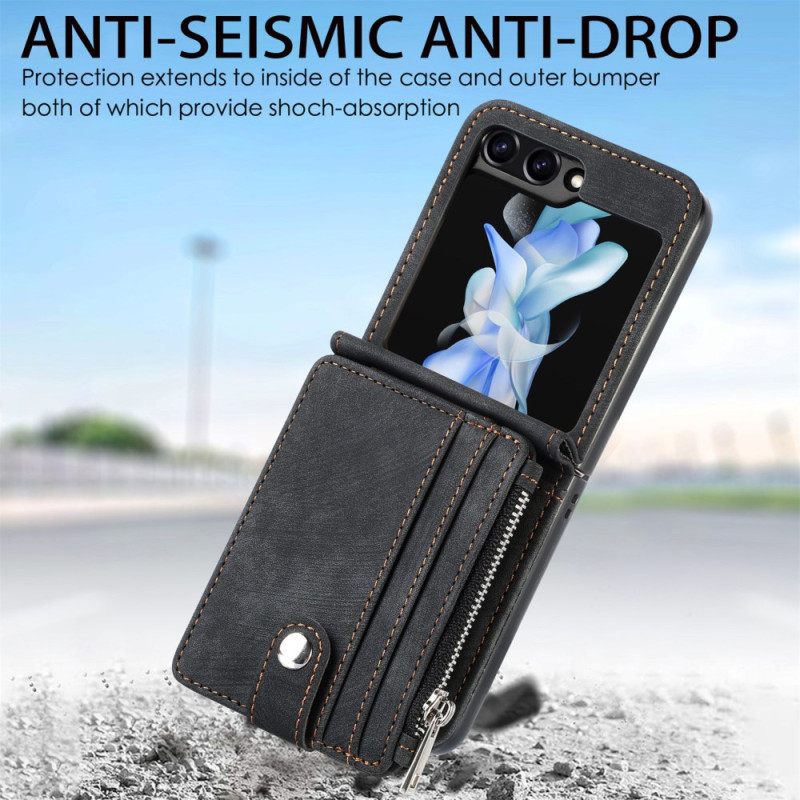 Κάλυμμα Samsung Galaxy Z Flip 7 Fe Ρετρό Βάση Και Θήκη Καρτών Με Φερμουάρ Σιλικόνης