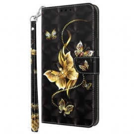 δερματινη θηκη iPhone 15 Pro με κορδονι Χρυσές Πεταλούδες Με Λουράκι