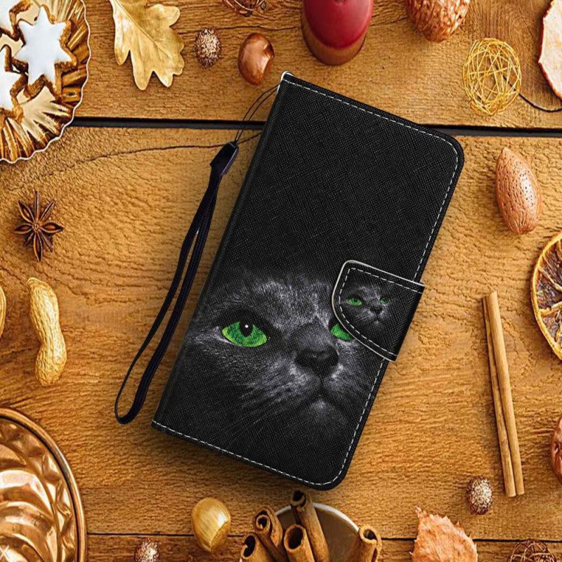 δερματινη θηκη Xiaomi Redmi 10C με κορδονι Πράσινα Μάτια Γάτα Με Λουράκι