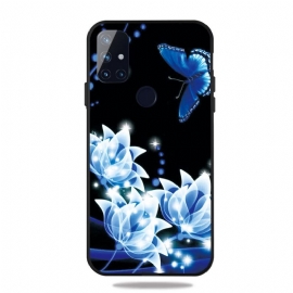 Θήκη OnePlus Nord N10 Πεταλούδα Και Μπλε Λουλούδια