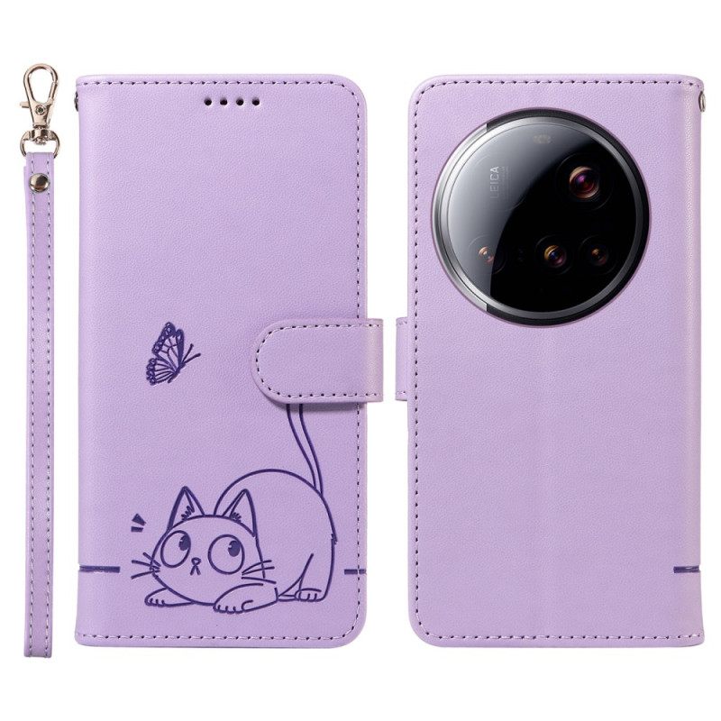 Δερματινη Θηκη Xiaomi 15 Ultra Γραφικό Λουράκι Γάτας