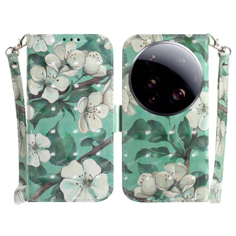 Δερματινη Θηκη Xiaomi 15 Ultra Λευκά Λουλούδια Με Κορδόνι Σιλικόνης
