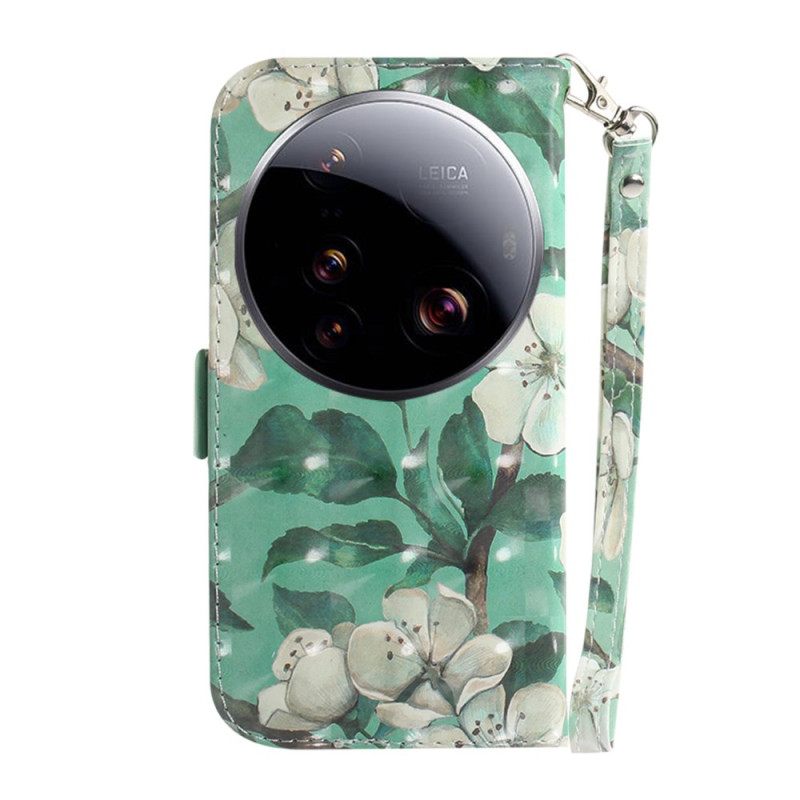 Δερματινη Θηκη Xiaomi 15 Ultra Λευκά Λουλούδια Με Κορδόνι Σιλικόνης