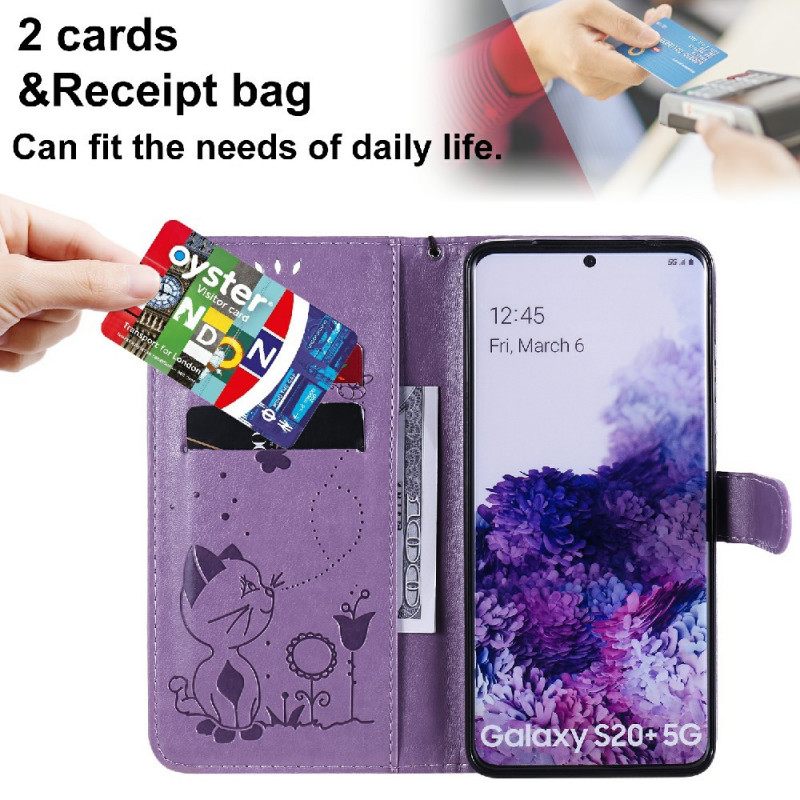 δερματινη θηκη Samsung Galaxy S20 Plus 4G / 5G με κορδονι Γάτα Και Μέλισσα Με Λουρί