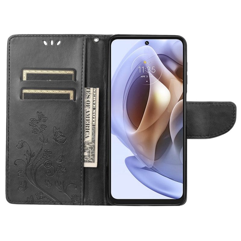 δερματινη θηκη Moto G31 / Moto G41 Πεταλούδες Και Λουλούδια