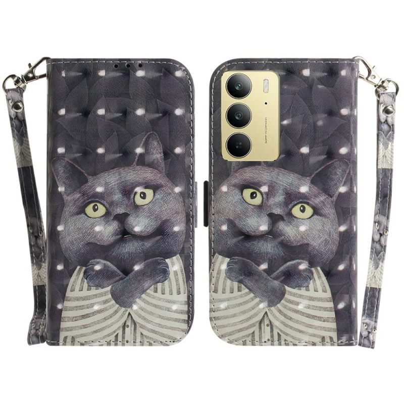 Δερματινη Θηκη Realme C75 Γκρι Κορδόνι Γάτας