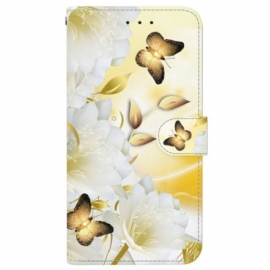 Δερματινη Θηκη Realme C75 Χρυσές Πεταλούδες Και Λευκά Λουλούδια