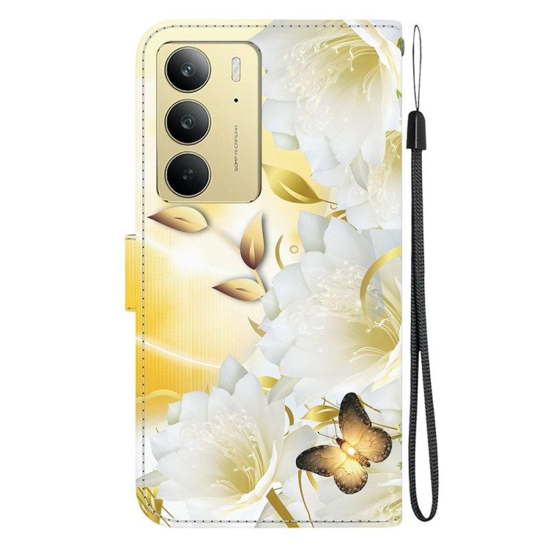 Δερματινη Θηκη Realme C75 Χρυσές Πεταλούδες Και Λευκά Λουλούδια