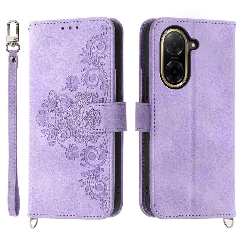 Δερματινη Θηκη Poco C71 Δαντέλα Με Λουλούδια Με Κορδόνι Και Ιμάντα Ώμου Σιλικόνης