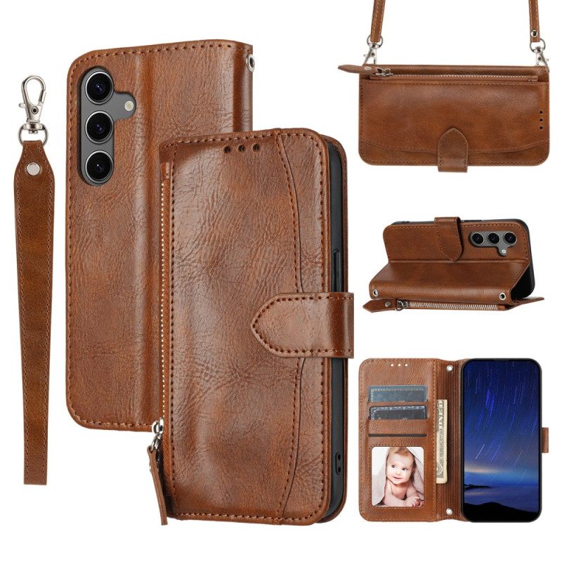 Δερματινη Θηκη Samsung Galaxy S25 5g Τσέπη Με Φερμουάρ Λουράκι Και Λουράκι Ώμου