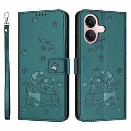 Δερματινη Θηκη Vivo V60 Lite Λουράκι Με Μοτίβο Γάτας