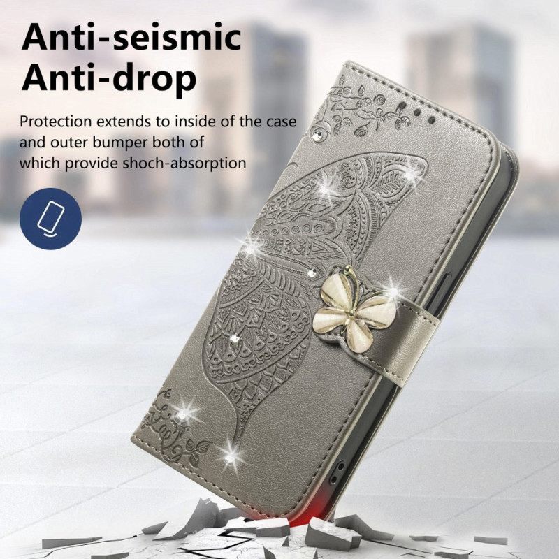 Δερματινη Θηκη Xiaomi 17 Τρισδιάστατη Πεταλούδα Και Στρας