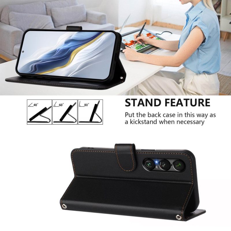 Δερματινη Θηκη Sony Xperia 1 Vii Δερμάτινο Εφέ Με Κορδόνι Σιλικόνης