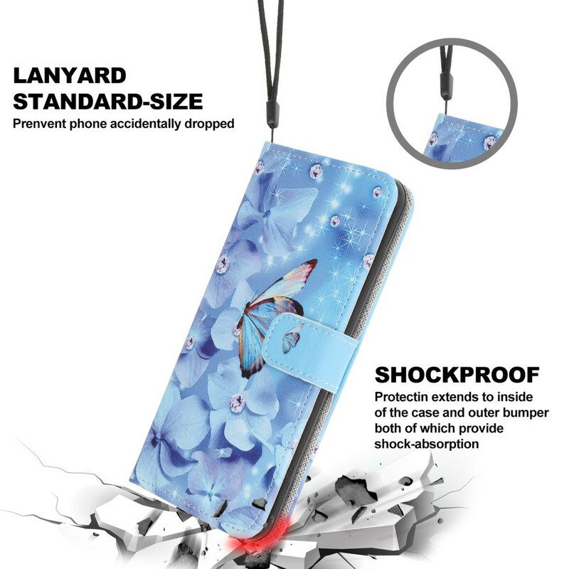 Θήκη Flip iPhone 13 Pro με κορδονι Πεταλούδες Με Λουράκι Διαμαντιών