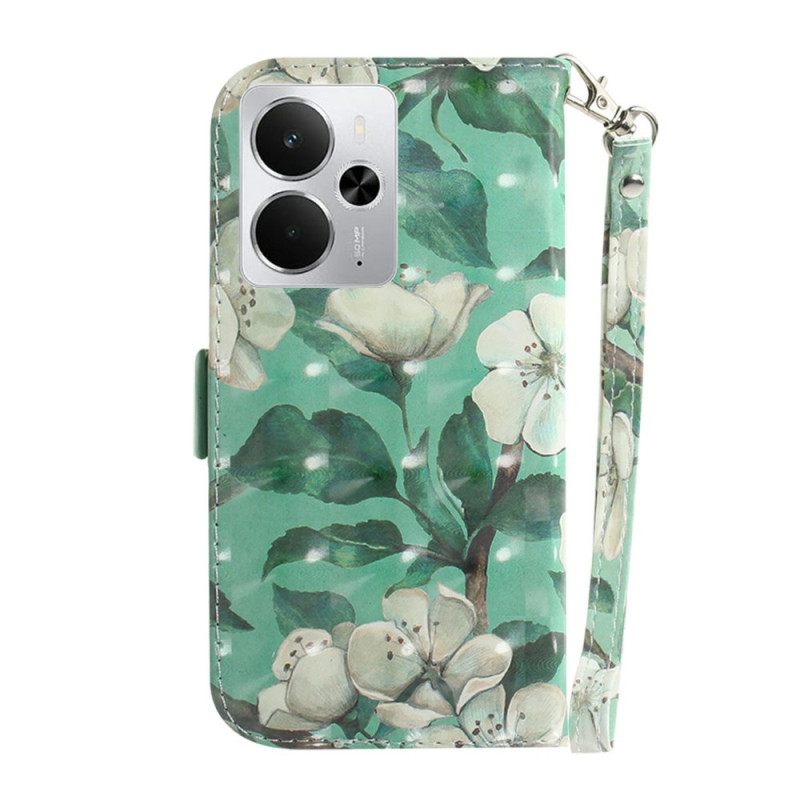 Δερματινη Θηκη Realme 14 5g Λευκά Λουλούδια Με Κορδόνι