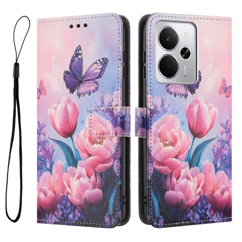 Δερματινη Θηκη Realme 14 5g Ροζ Λουλούδια Και Πεταλούδες Σιλικόνης