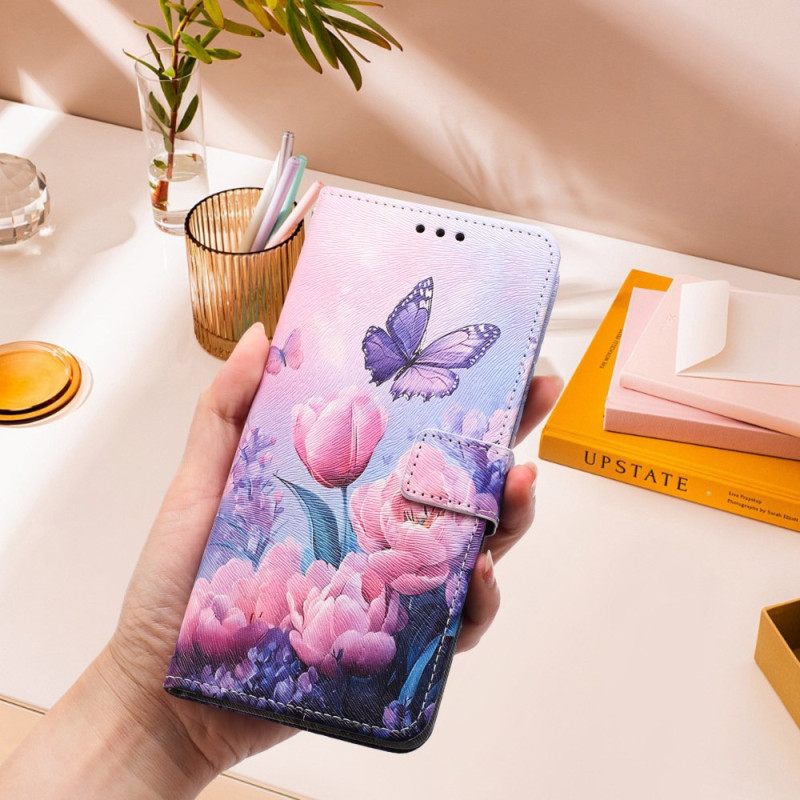Δερματινη Θηκη Realme 14 5g Ροζ Λουλούδια Και Πεταλούδες Σιλικόνης