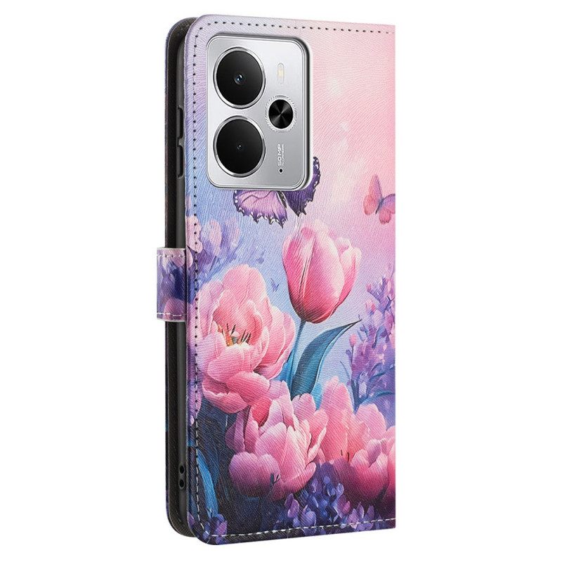 Δερματινη Θηκη Realme 14 5g Ροζ Λουλούδια Και Πεταλούδες Σιλικόνης