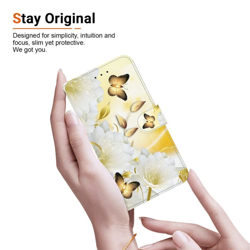 Δερματινη Θηκη Realme 14 5g Χρυσές Πεταλούδες Και Λευκά Λουλούδια