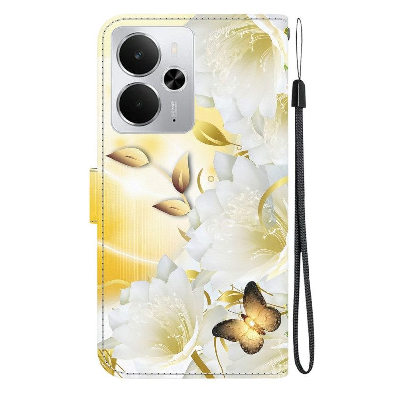 Δερματινη Θηκη Realme 14 5g Χρυσές Πεταλούδες Και Λευκά Λουλούδια