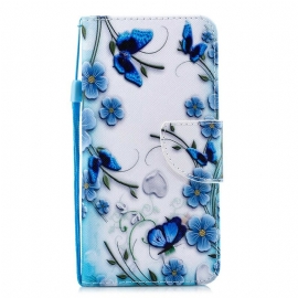 δερματινη θηκη iPhone 11 με κορδονι Πεταλούδες Και Λουλούδια Μπλε Λουράκι