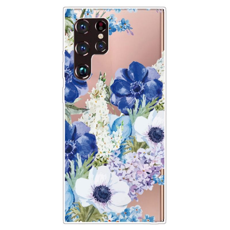 Θήκη Samsung Galaxy S22 Ultra 5G Ακουαρέλα Μπλε Λουλούδια
