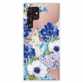 Θήκη Samsung Galaxy S22 Ultra 5G Ακουαρέλα Μπλε Λουλούδια
