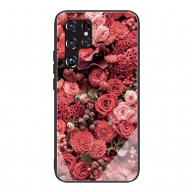 Θήκη Samsung Galaxy S22 Ultra 5G Ροζ Λουλούδια Από Σκληρυμένο Γυαλί