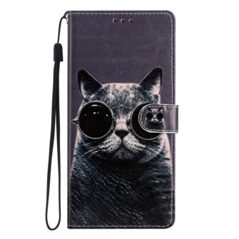 Θήκη Flip Google Pixel 7A με κορδονι Γυαλιά Strappy Cat